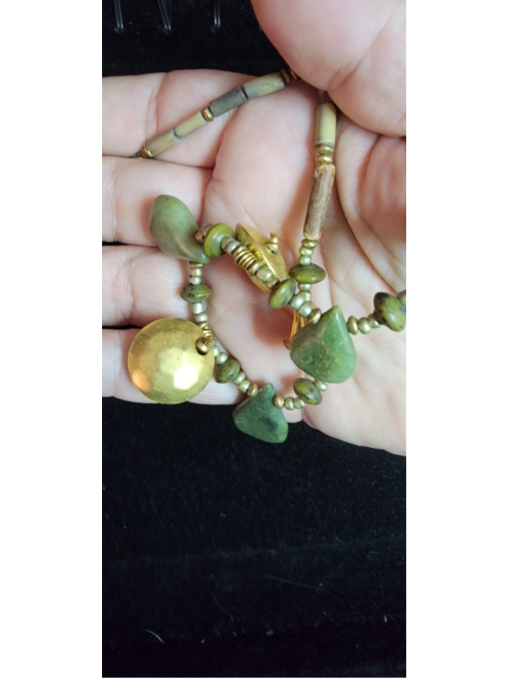Boho Green Stone Necklace Gold Bead Dangle Statement Artisan Style Chunky Neckla - Picture 10 of 11